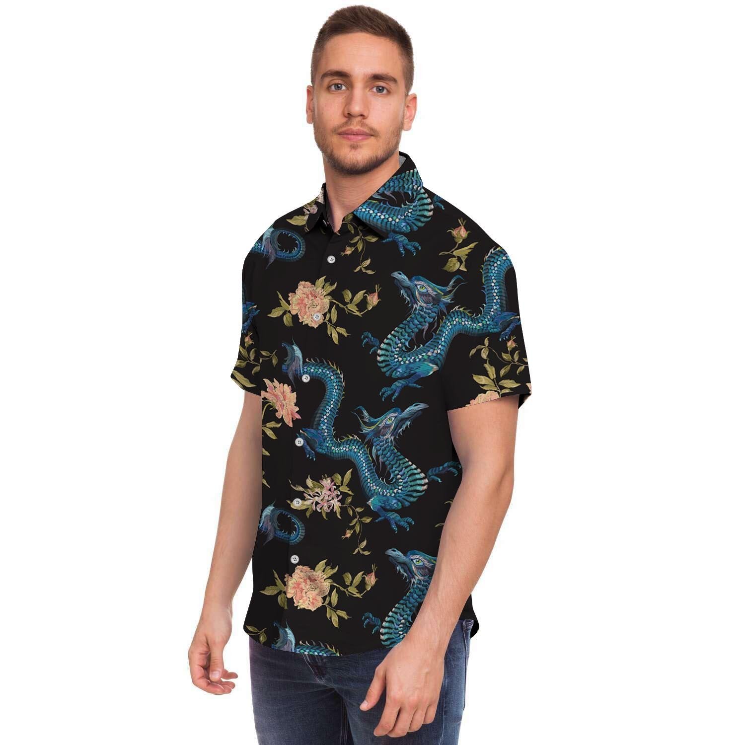 Blue Chinese Dragon Floral Print1 Men's Short Sleeve Shirt-grizzshop