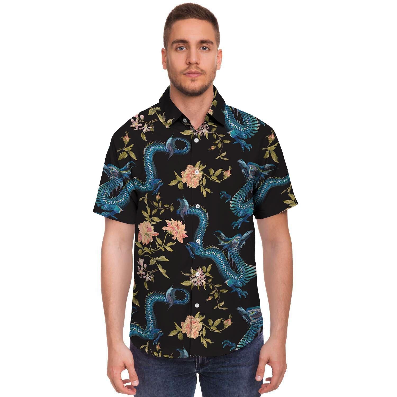 Blue Chinese Dragon Floral Print1 Men's Short Sleeve Shirt-grizzshop