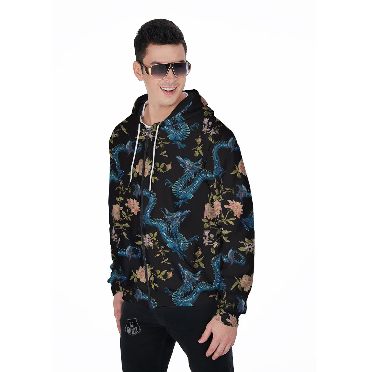 Blue Chinese Dragon Floral Print1 Men's Zip Up Hoodie-grizzshop