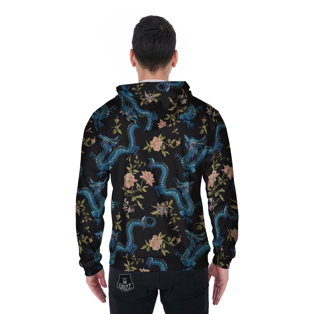Blue Chinese Dragon Floral Print1 Men's Zip Up Hoodie-grizzshop