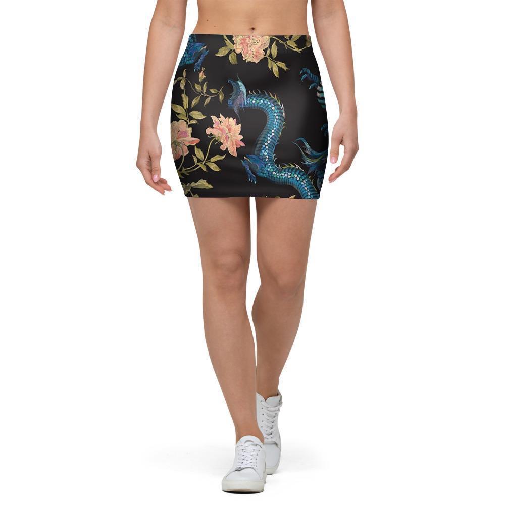 Blue Chinese Dragon Floral Print1 Mini Skirt-grizzshop