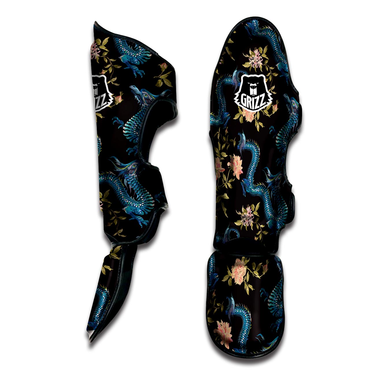 Blue Chinese Dragon Floral Print1 Muay Thai Shin Guard-grizzshop