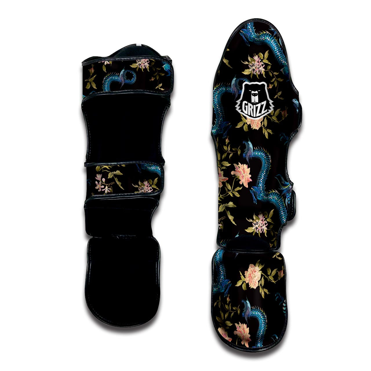 Blue Chinese Dragon Floral Print1 Muay Thai Shin Guard-grizzshop