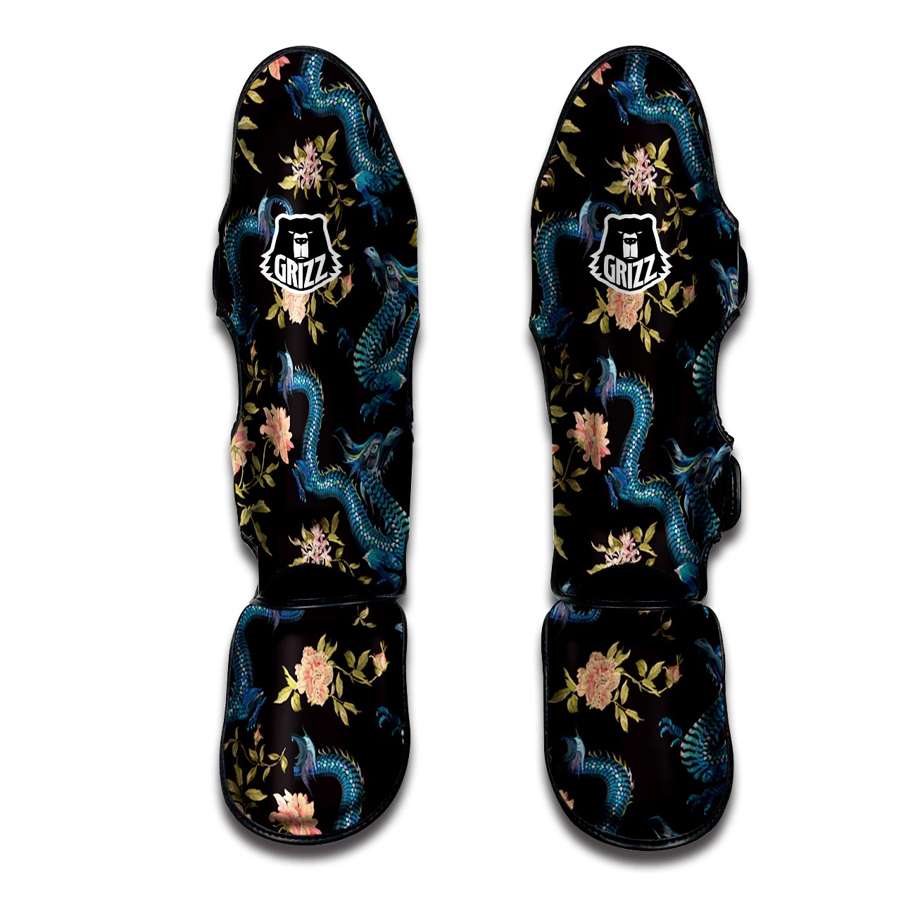 Blue Chinese Dragon Floral Print1 Muay Thai Shin Guard-grizzshop