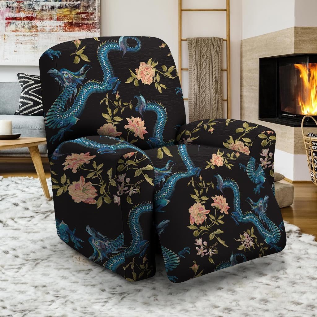 Blue Chinese Dragon Floral Print1 Recliner Cover-grizzshop