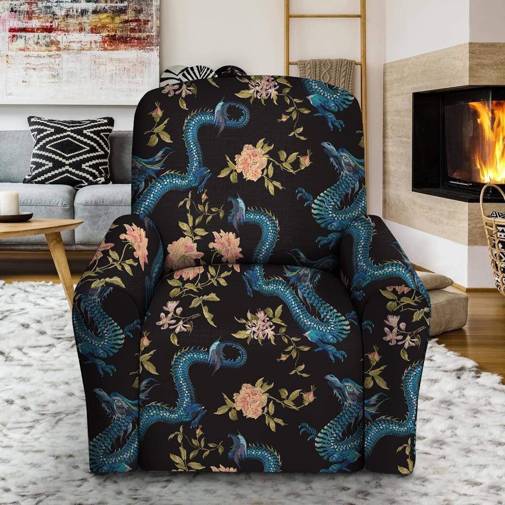 Blue Chinese Dragon Floral Print1 Recliner Cover-grizzshop