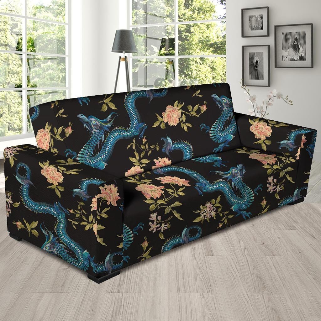 Blue Chinese Dragon Floral Print1 Sofa Cover-grizzshop