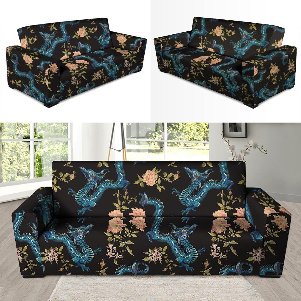 Blue Chinese Dragon Floral Print1 Sofa Cover-grizzshop