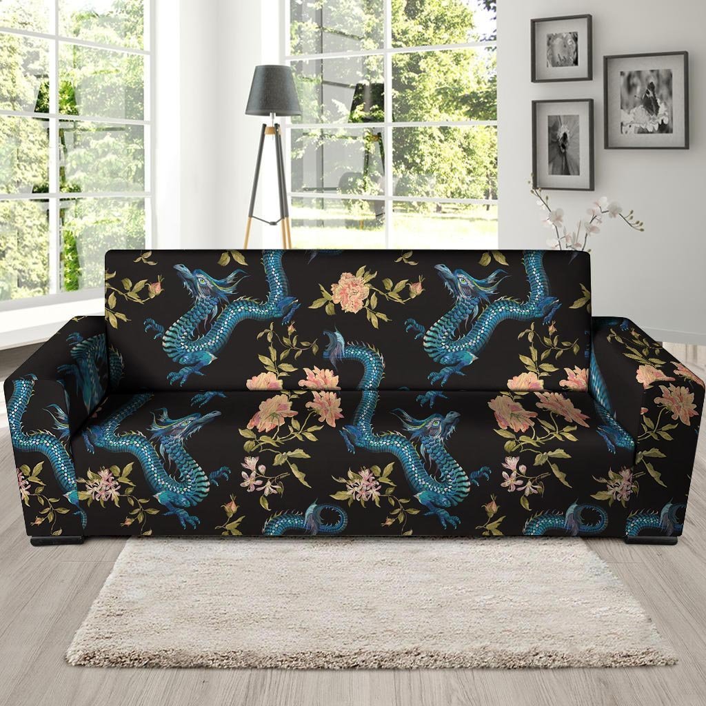 Blue Chinese Dragon Floral Print1 Sofa Cover-grizzshop