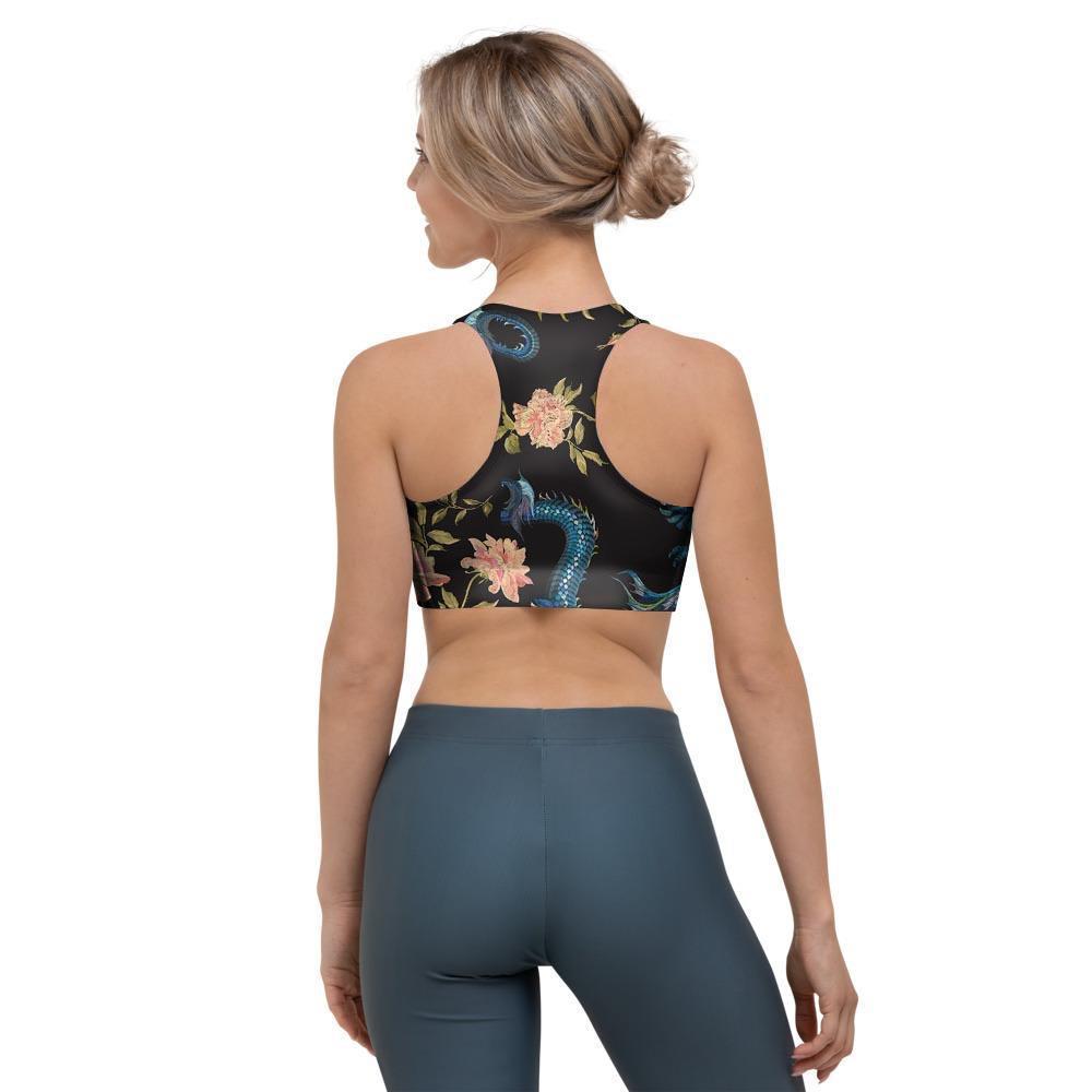 Blue Chinese Dragon Floral Print1 Sports Bra-grizzshop