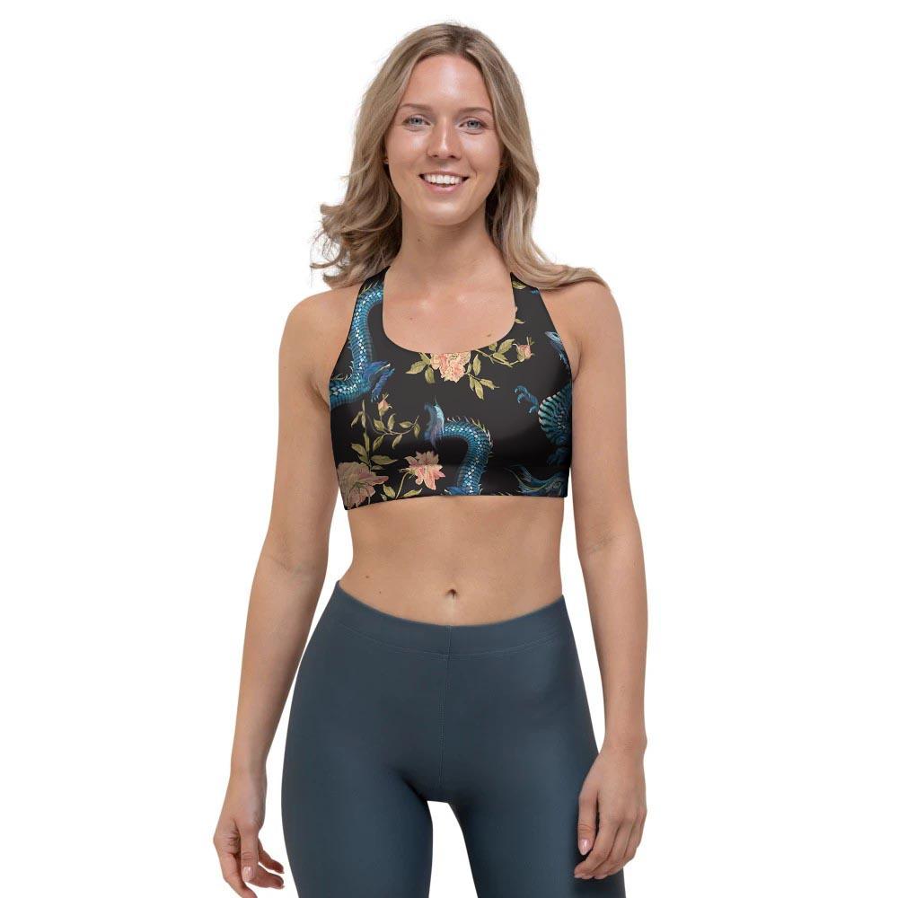 Blue Chinese Dragon Floral Print1 Sports Bra-grizzshop