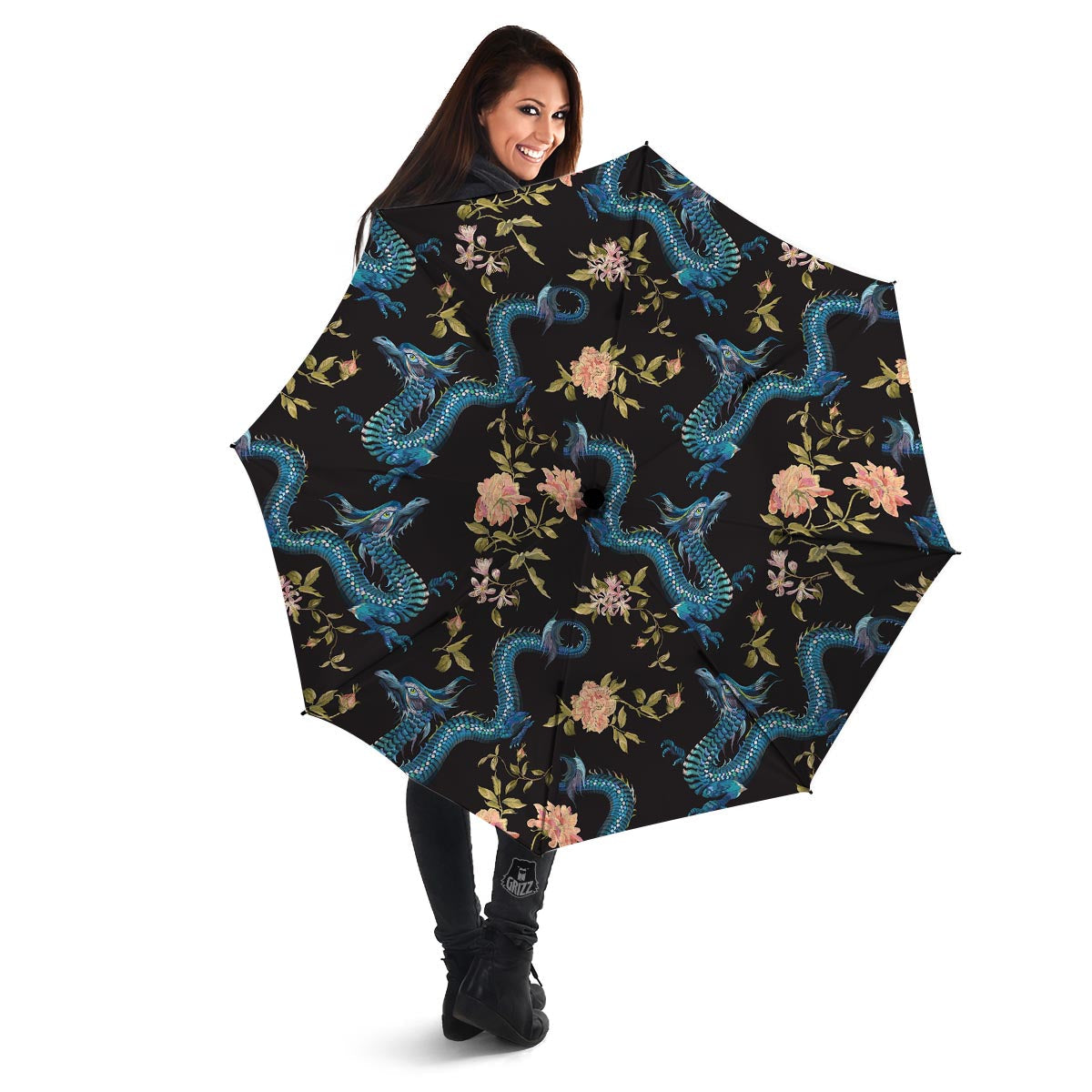 Blue Chinese Dragon Floral Print1 Umbrella-grizzshop