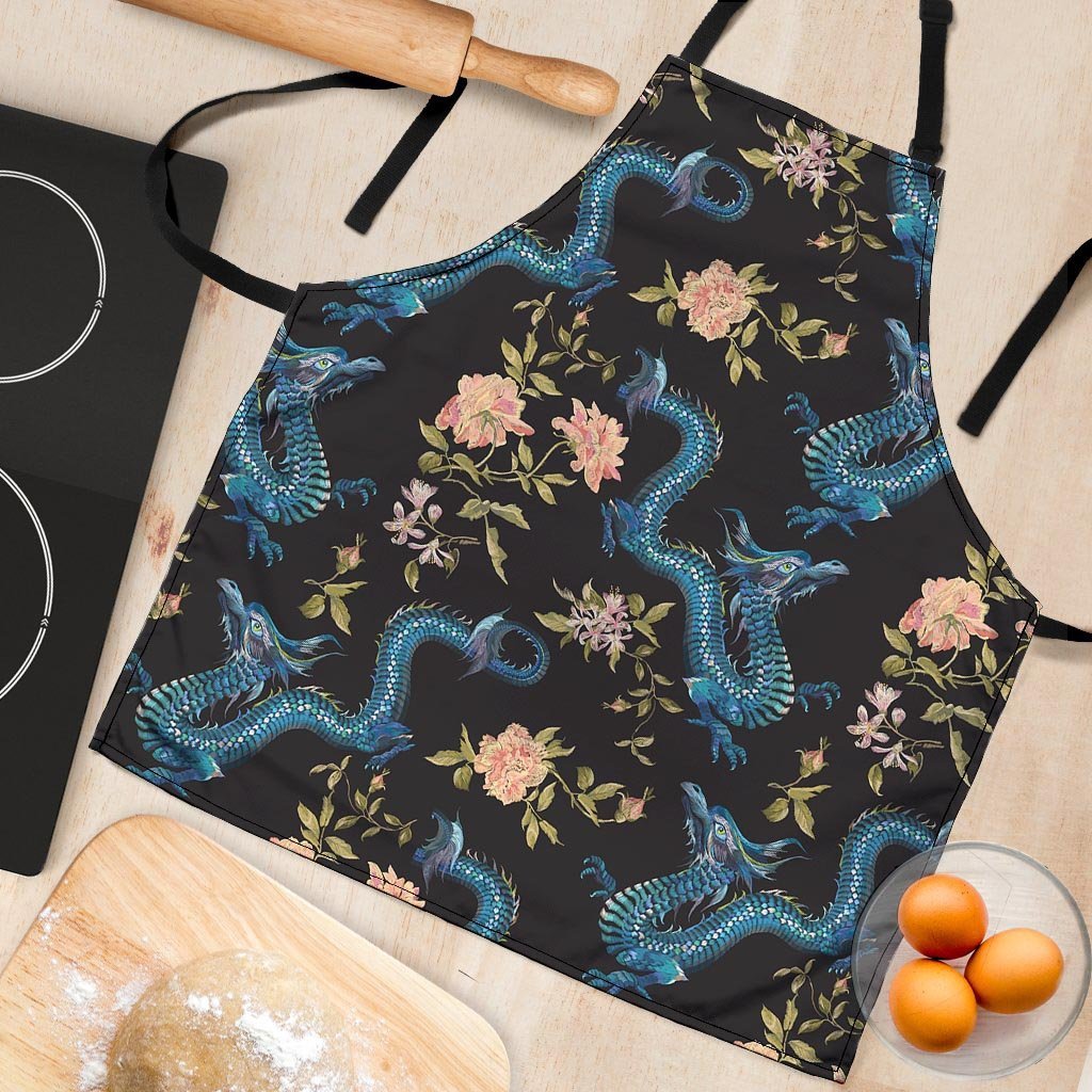 Blue Chinese Dragon Floral Print1 Women's Apron-grizzshop