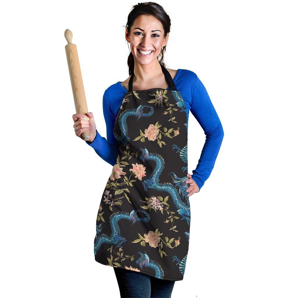 Blue Chinese Dragon Floral Print1 Women's Apron-grizzshop