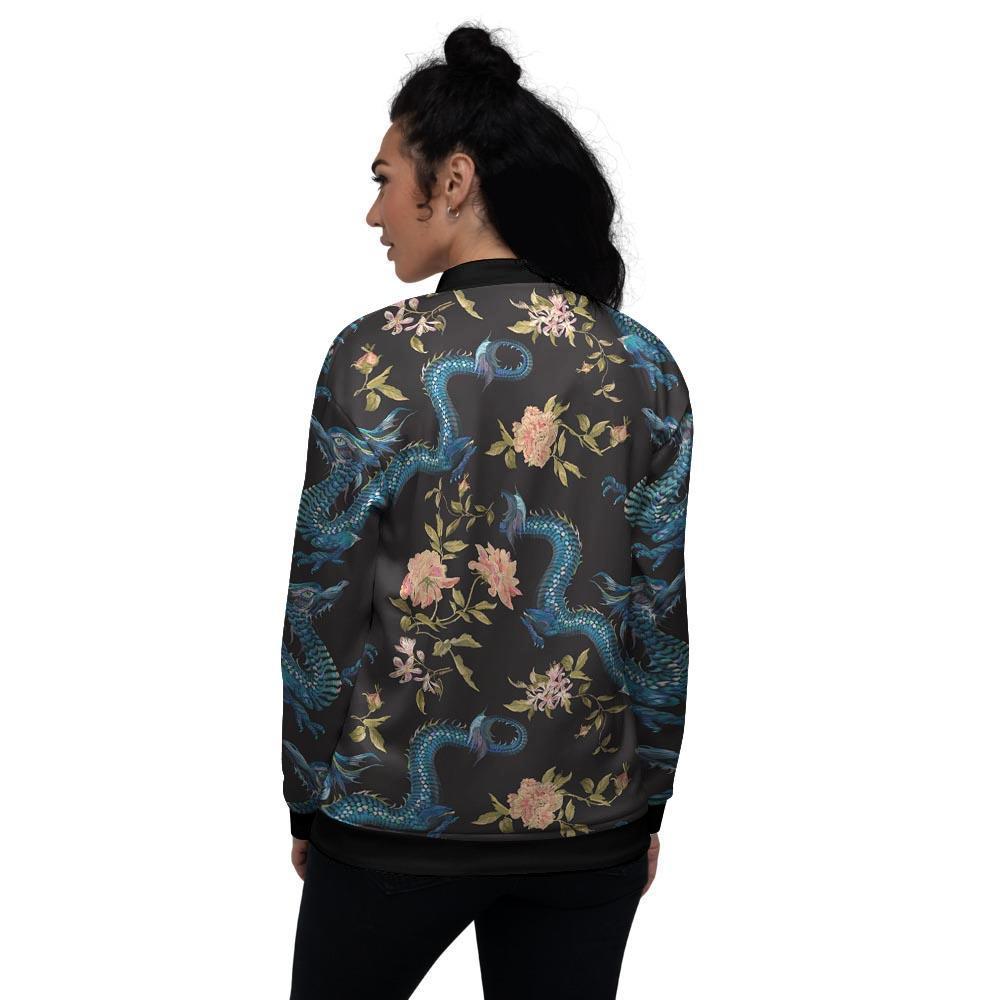 Blue Chinese Dragon Floral Print1 Women's Bomber Jacket-grizzshop