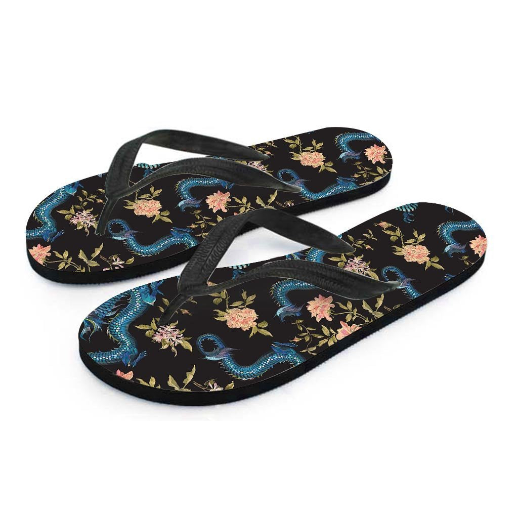 Blue Chinese Dragon Floral Print1 Women's Flip Flops-grizzshop