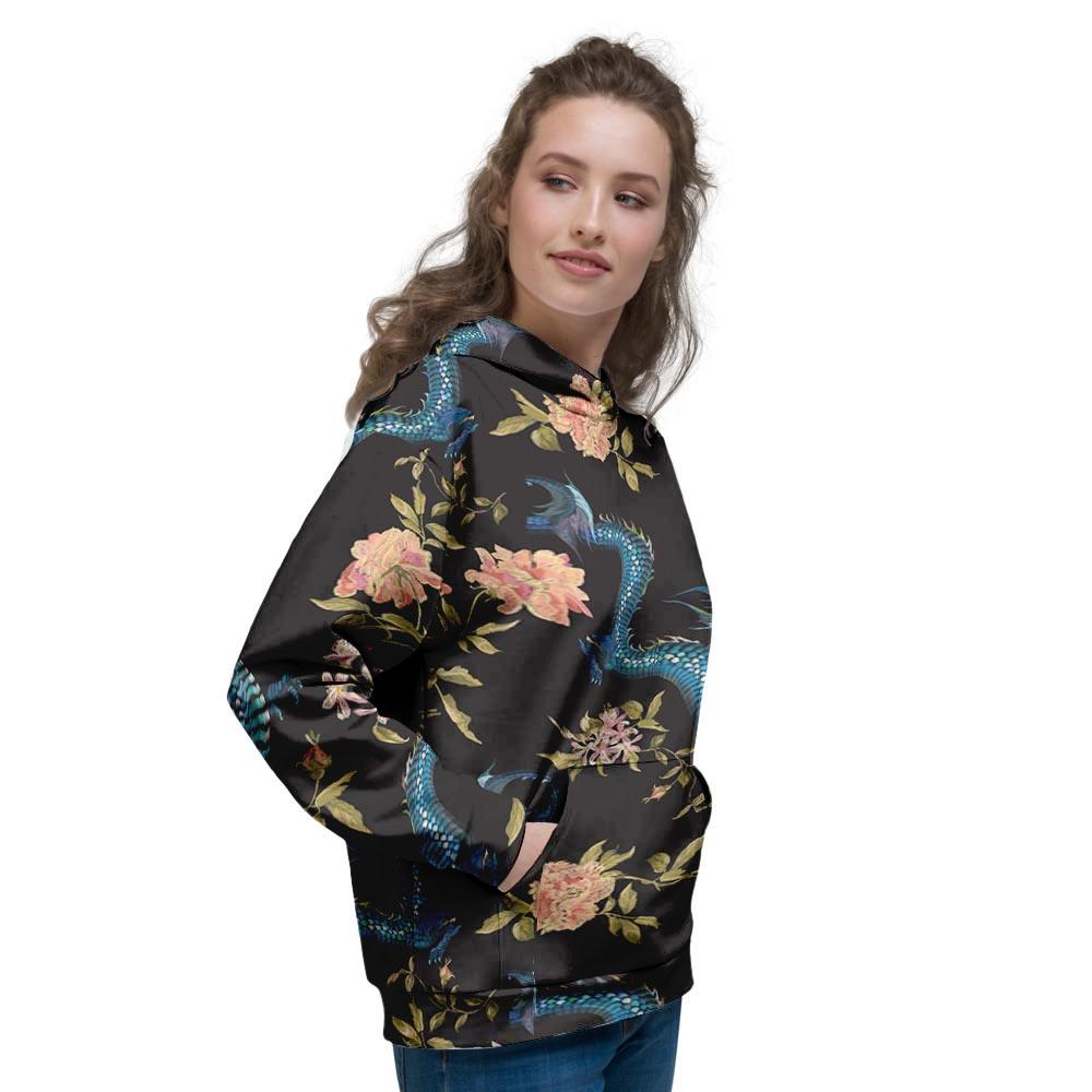 Blue Chinese Dragon Floral Print1 Women's Hoodie-grizzshop