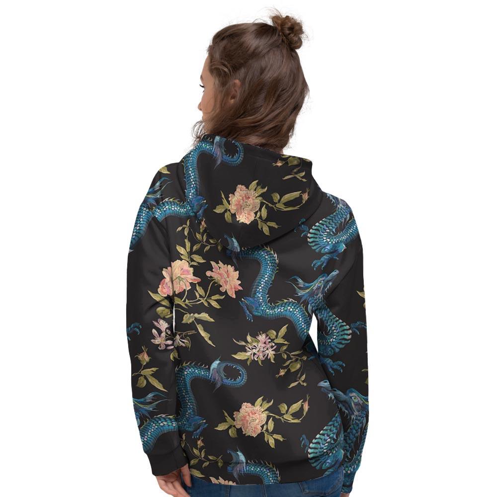 Blue Chinese Dragon Floral Print1 Women's Hoodie-grizzshop