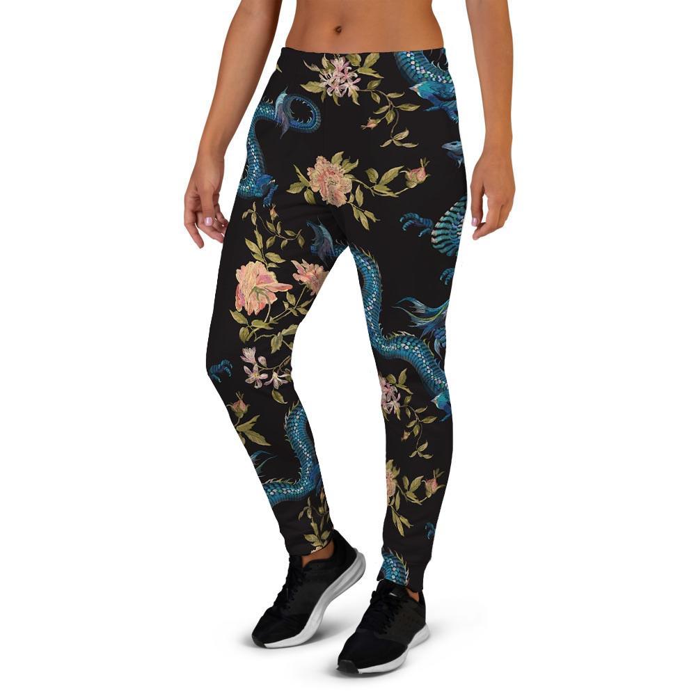 Blue Chinese Dragon Floral Print1 Women's Joggers-grizzshop