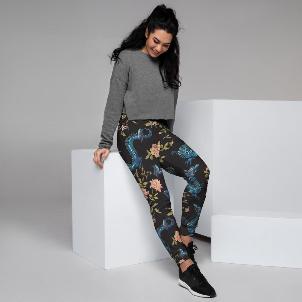 Blue Chinese Dragon Floral Print1 Women's Joggers-grizzshop