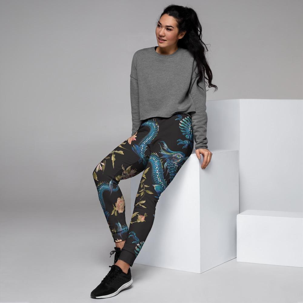 Blue Chinese Dragon Floral Print1 Women's Joggers-grizzshop