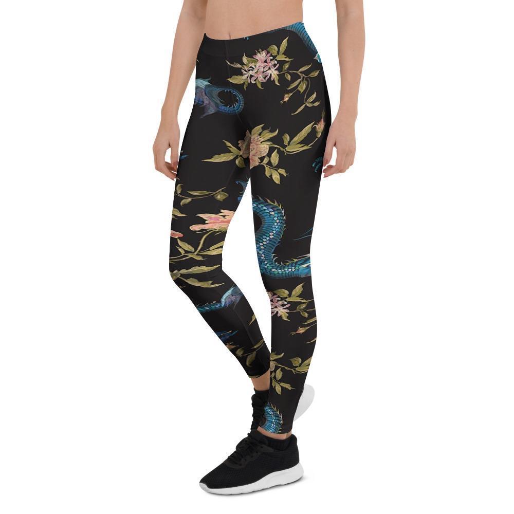 Blue Chinese Dragon Floral Print1 Women's Leggings-grizzshop