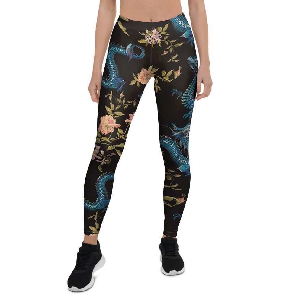 Blue Chinese Dragon Floral Print1 Women's Leggings-grizzshop