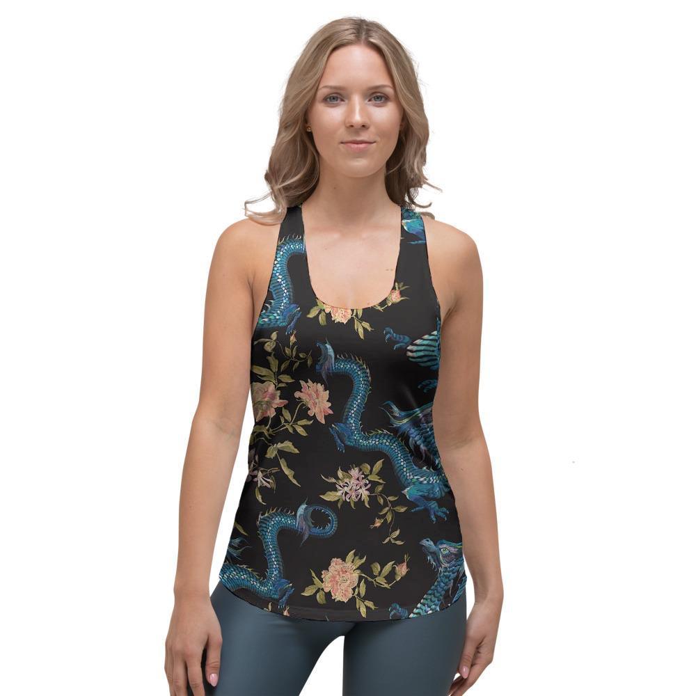 Blue Chinese Dragon Floral Print1 Women's Racerback Tank Top-grizzshop