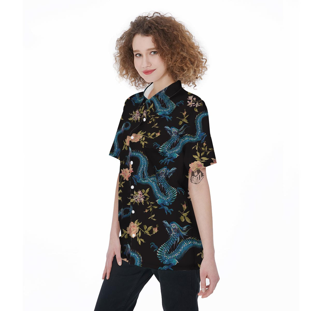 Blue Chinese Dragon Floral Print1 Women's Short Sleeve Shirts-grizzshop