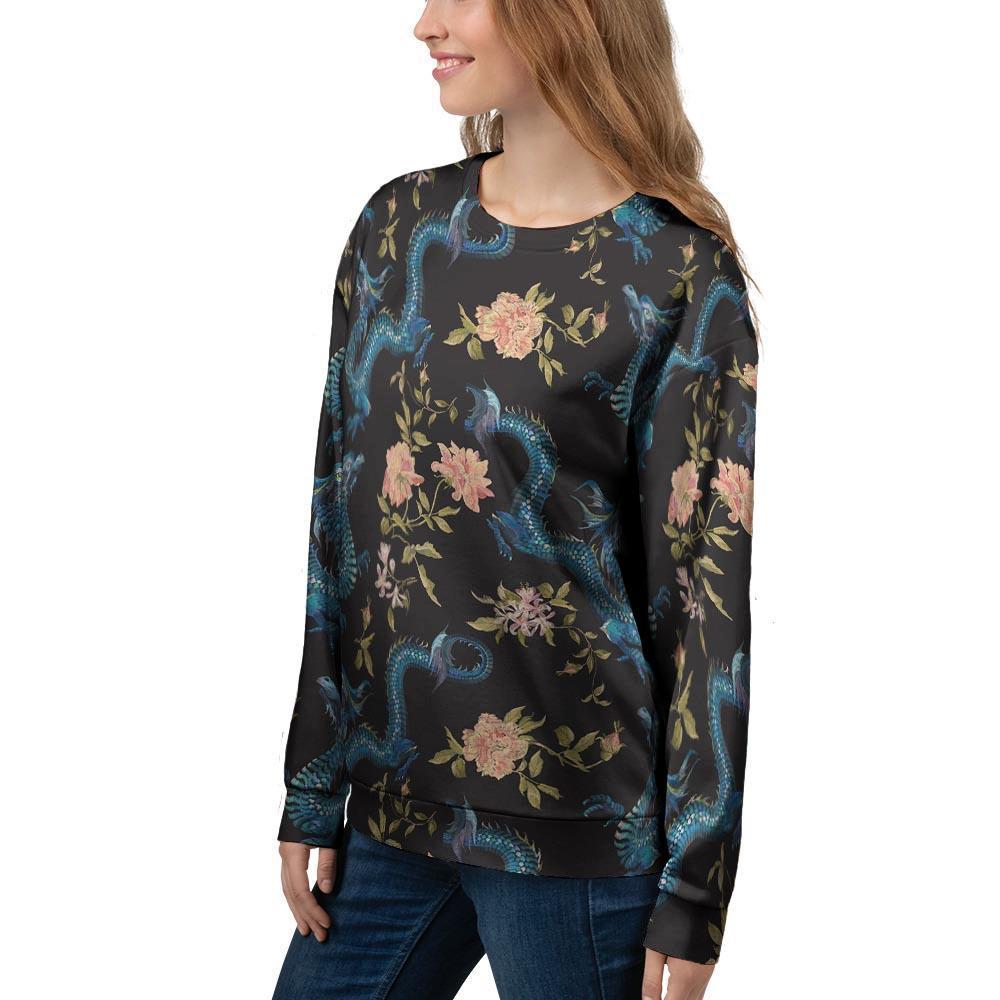 Blue Chinese Dragon Floral Print1 Women's Sweatshirt-grizzshop