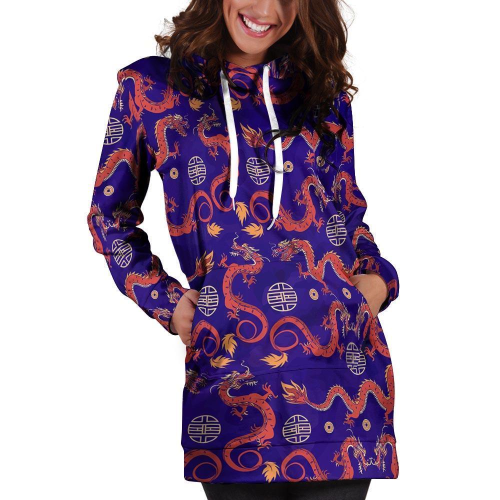 Blue Chinese Dragon Hoodie Dress-grizzshop