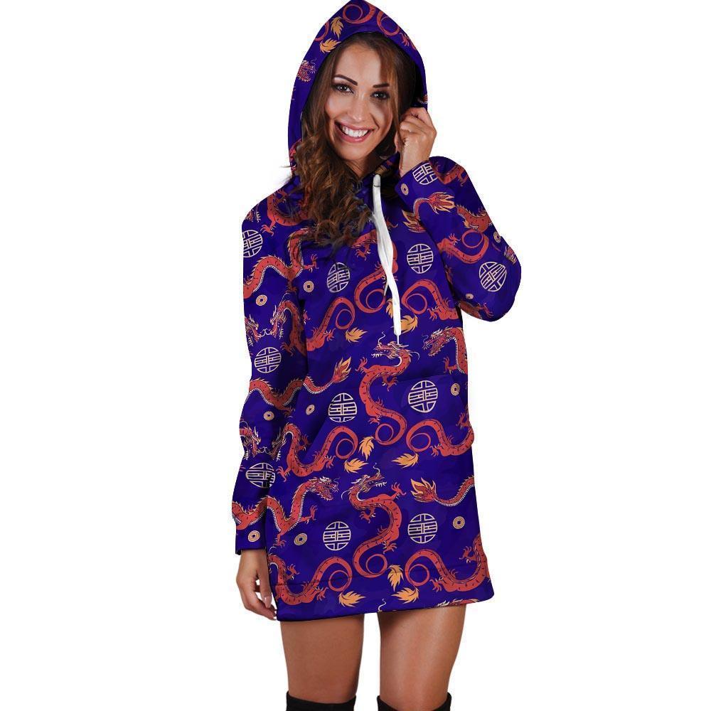 Blue Chinese Dragon Hoodie Dress-grizzshop