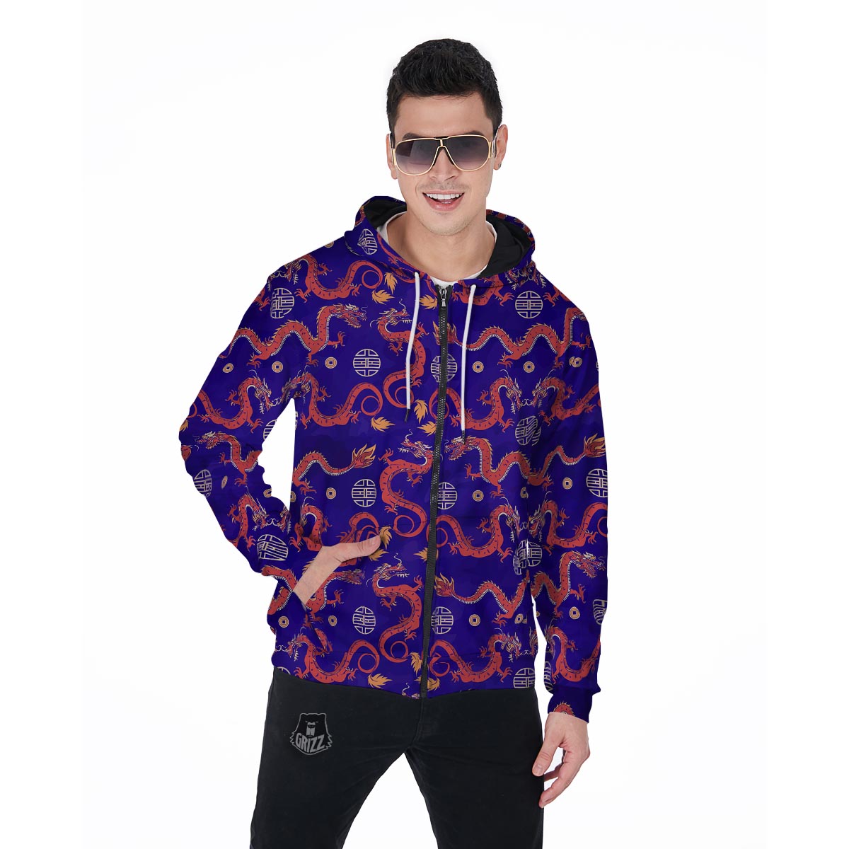 Blue Chinese Dragon Hoodie Men's Zip Up Hoodie-grizzshop