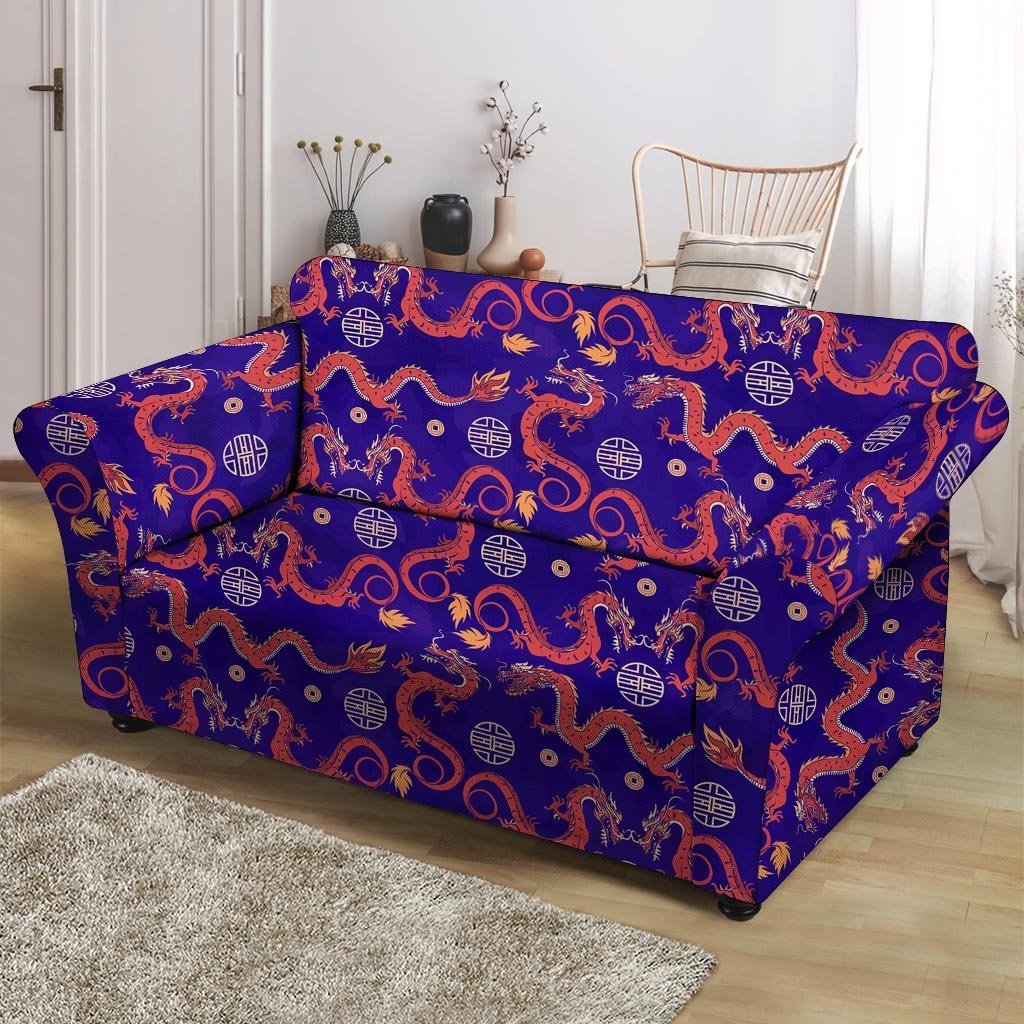 Blue Chinese Dragon Loveseat Cover-grizzshop