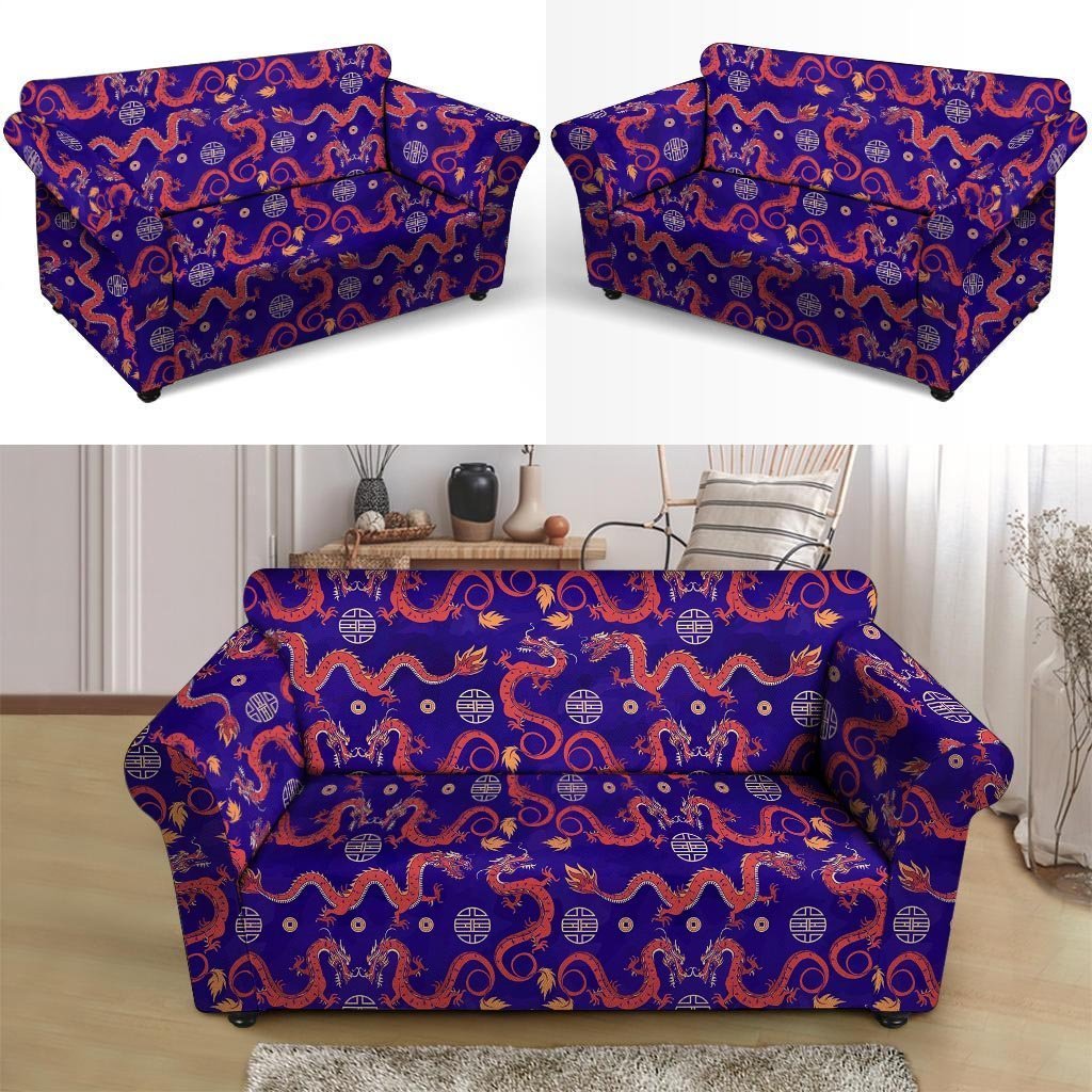 Blue Chinese Dragon Loveseat Cover-grizzshop