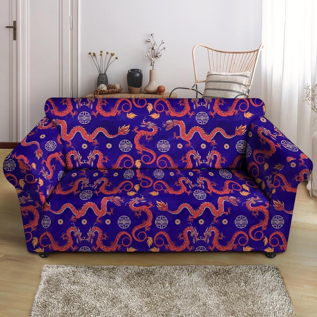 Blue Chinese Dragon Loveseat Cover-grizzshop