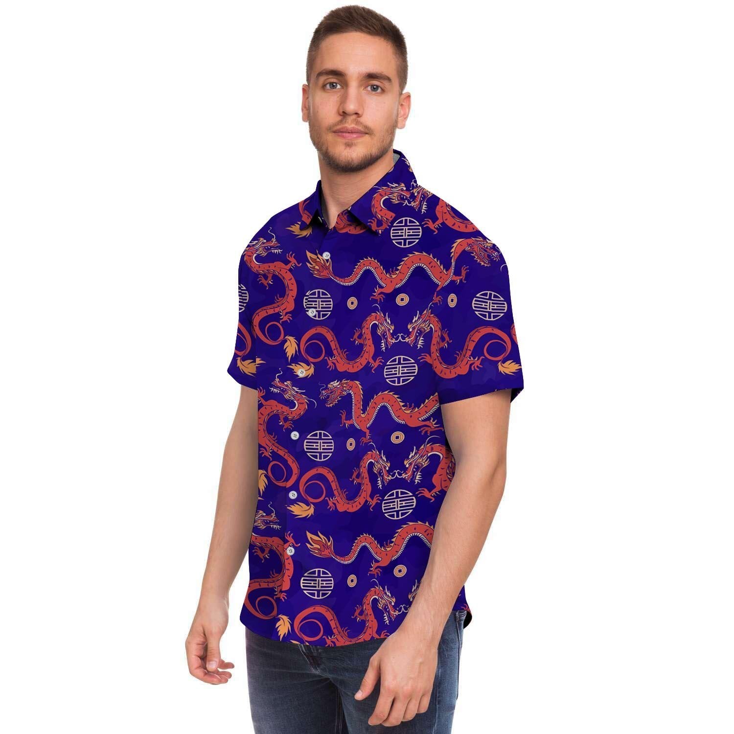 Blue Chinese Dragon Men's Short Sleeve Shirt-grizzshop