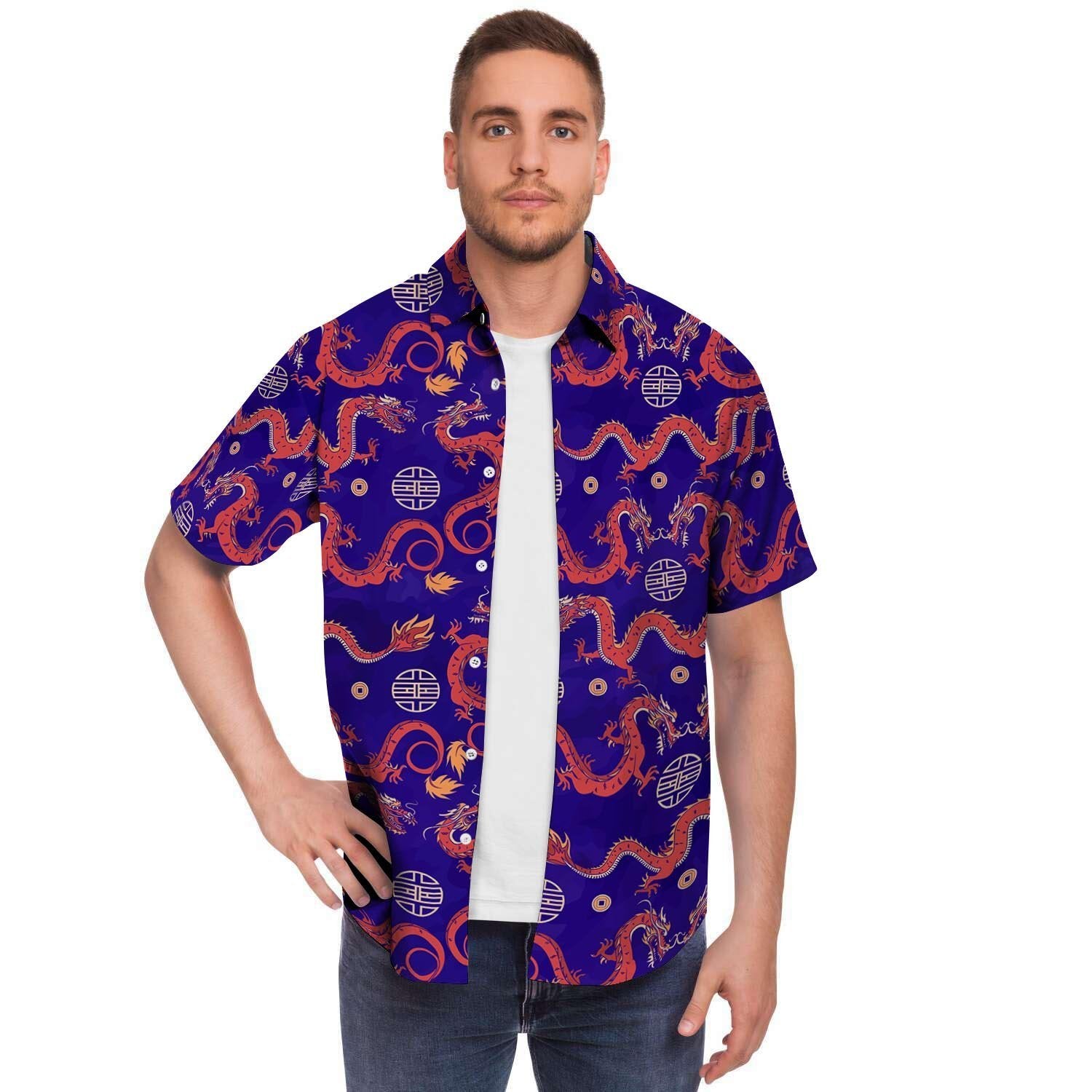 Blue Chinese Dragon Men's Short Sleeve Shirt-grizzshop