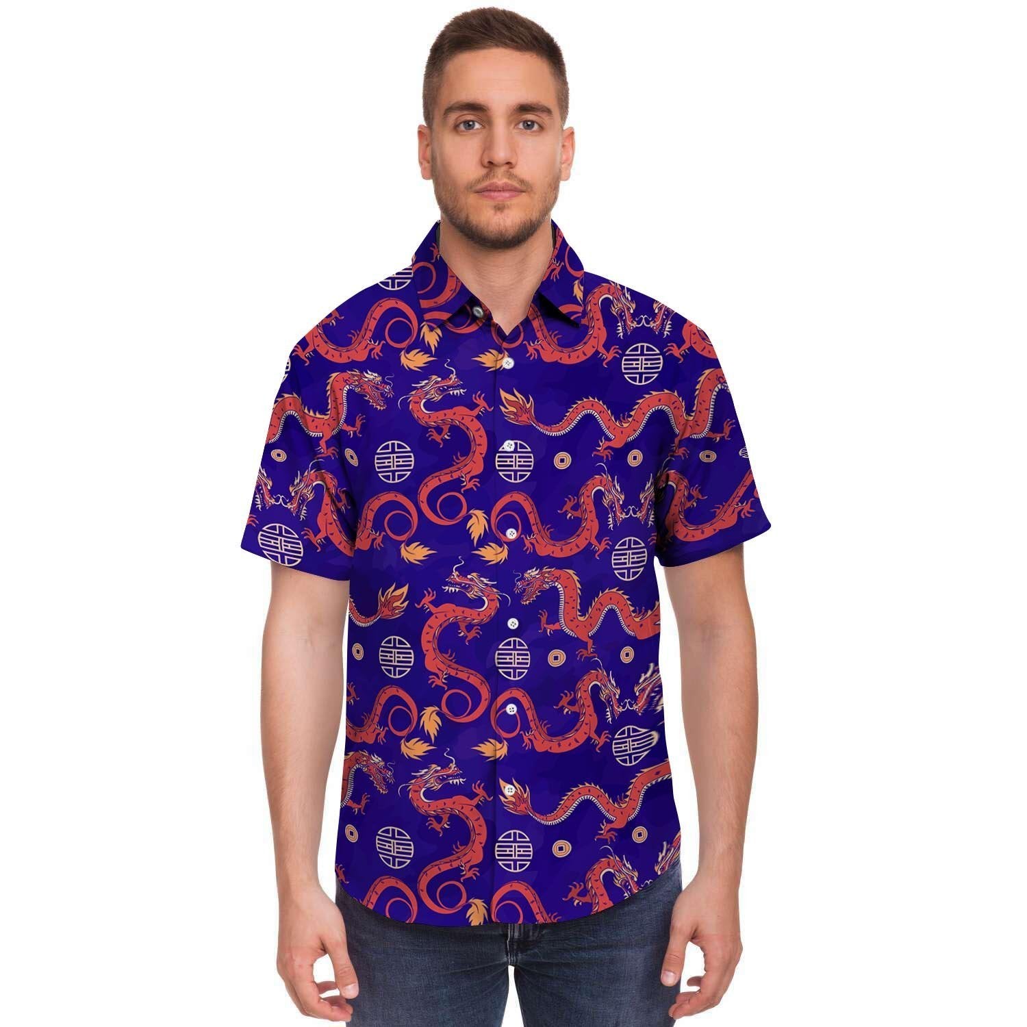 Blue Chinese Dragon Men's Short Sleeve Shirt-grizzshop