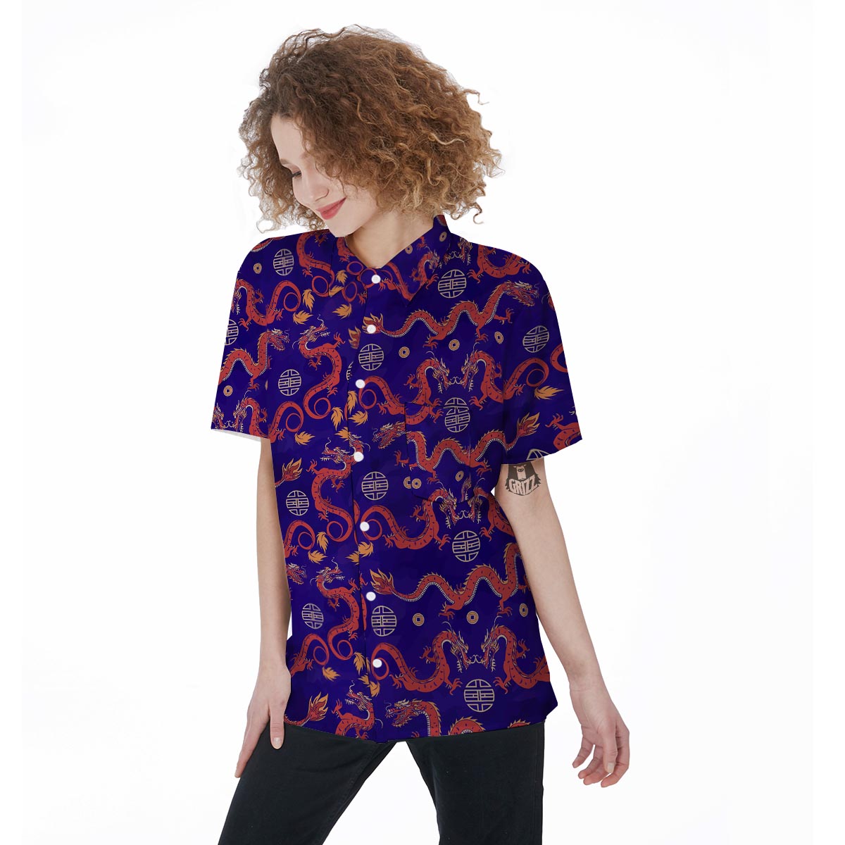 Blue Chinese Dragon Women's Short Sleeve Shirts-grizzshop