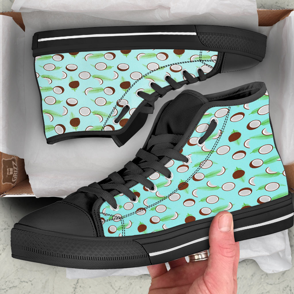 Blue Coconut Print Pattern Black High Top Shoes-grizzshop