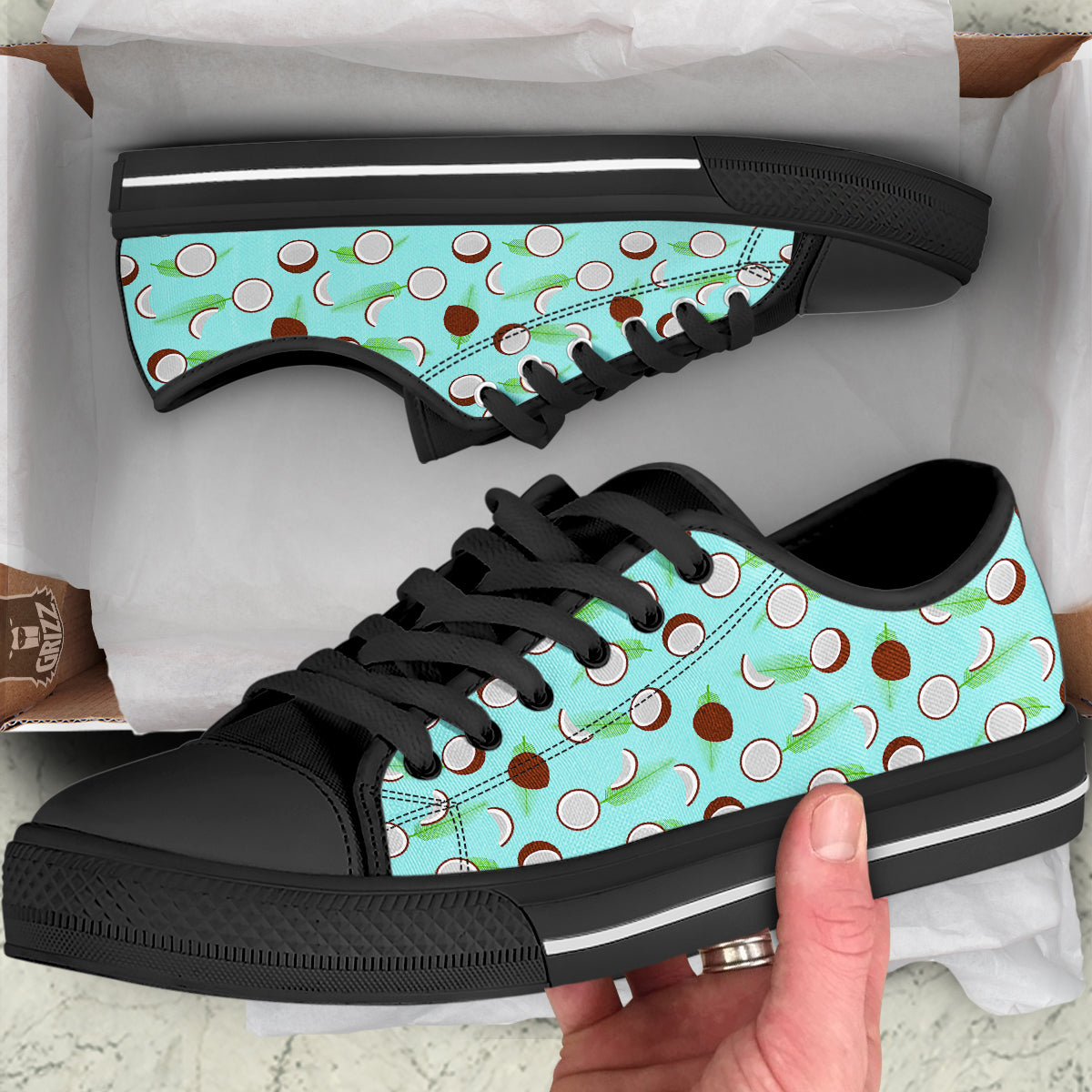 Blue Coconut Print Pattern Black Low Top Shoes-grizzshop