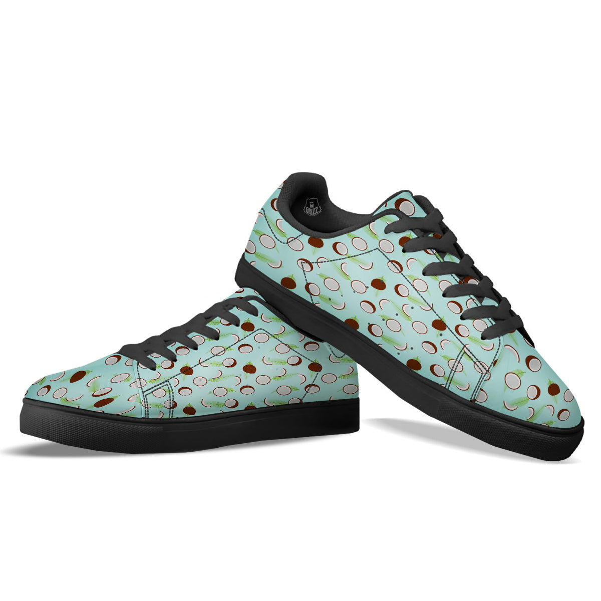 Blue Coconut Print Pattern Black Low Top Sneakers-grizzshop