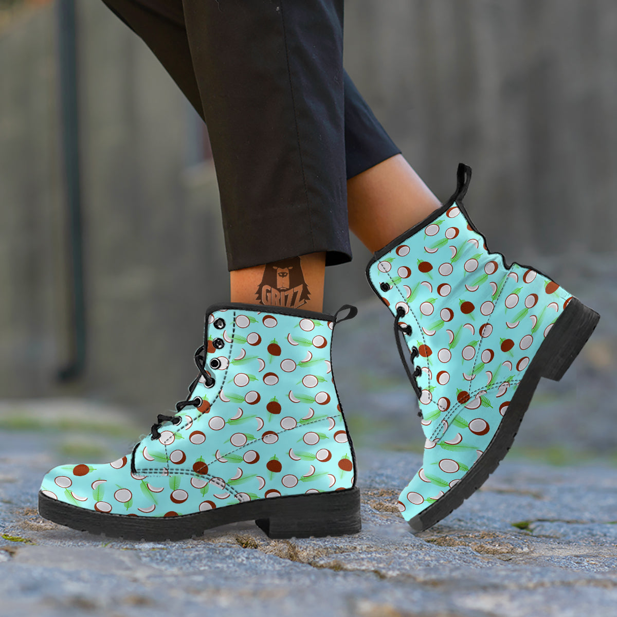 Blue Coconut Print Pattern Leather Boots-grizzshop