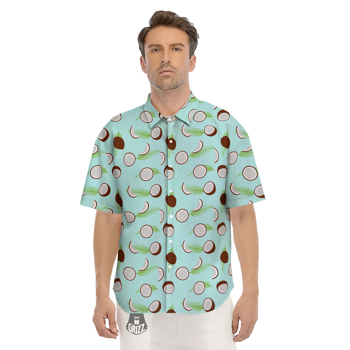 Blue Coconut Print Pattern Men's Short Sleeve Shirts-grizzshop