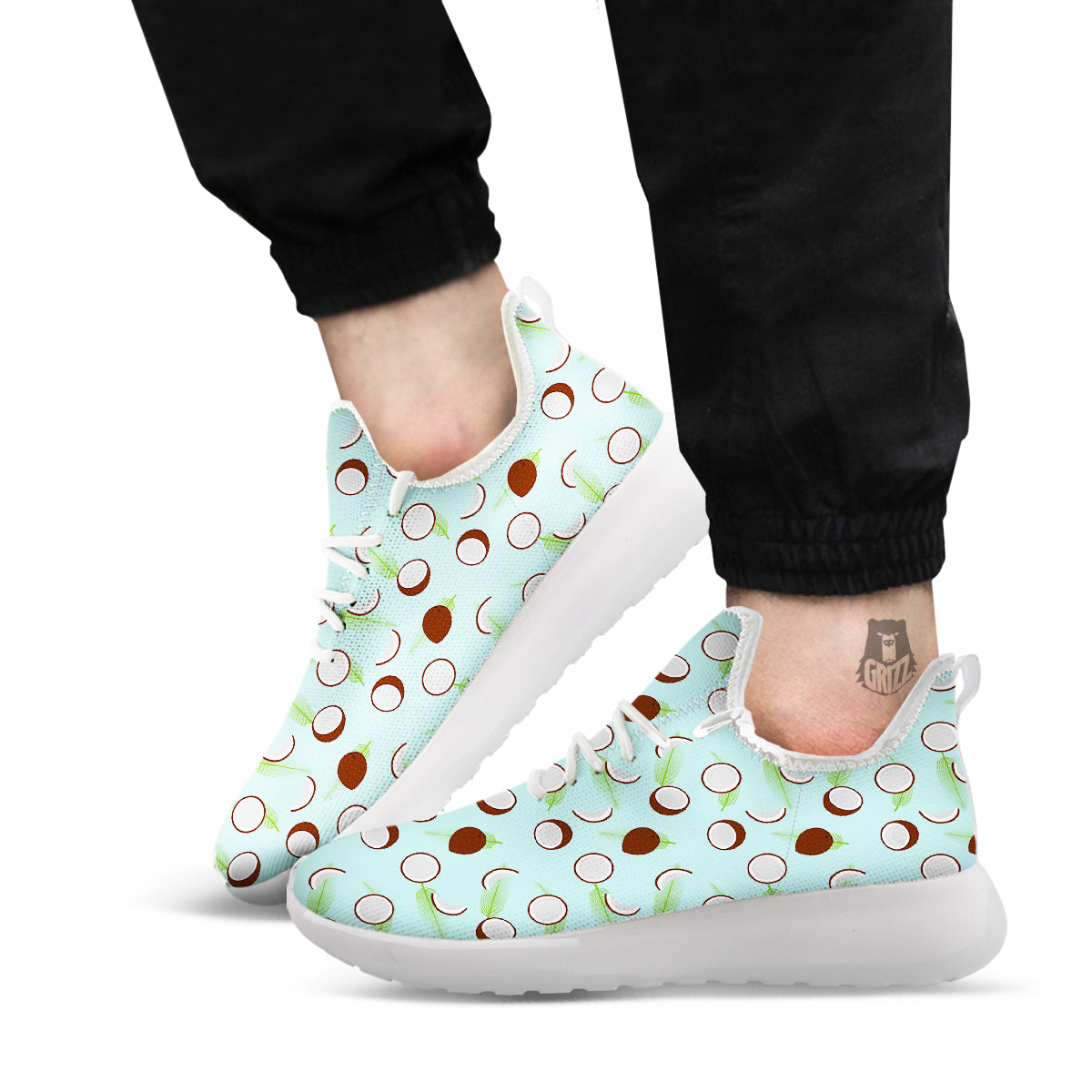 Blue Coconut Print Pattern White Athletic Shoes-grizzshop