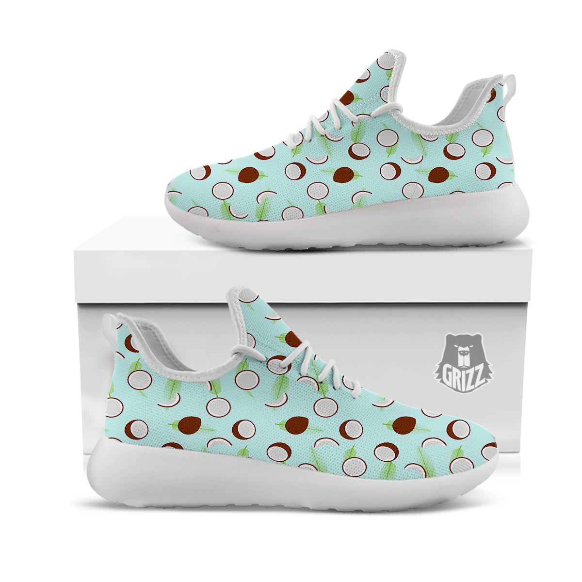 Blue Coconut Print Pattern White Athletic Shoes-grizzshop