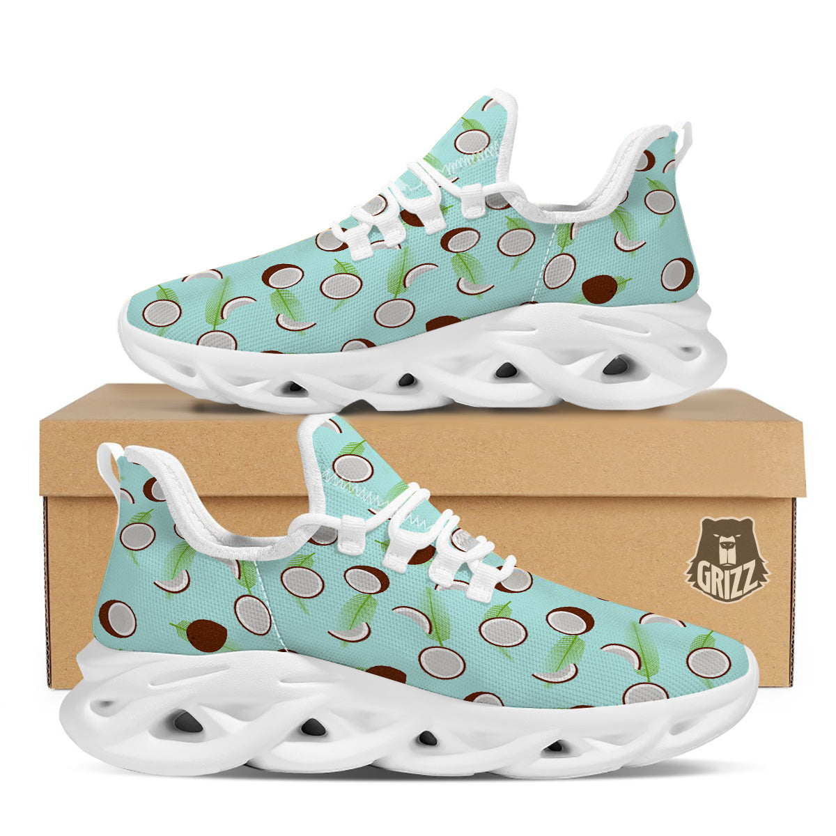 Blue Coconut Print Pattern White Running Shoes-grizzshop