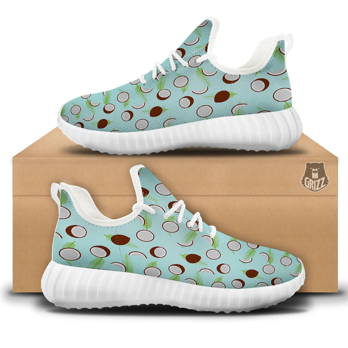 Blue Coconut Print Pattern White Walking Shoes-grizzshop