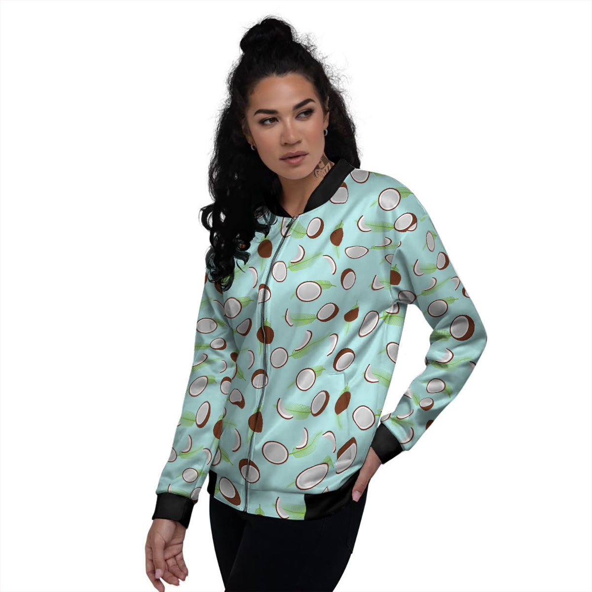 Blue Coconut Print Pattern Women's Bomber Jacket-grizzshop